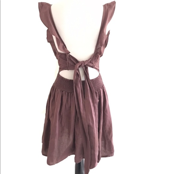 Free People | Erin Skater Linen Mini Dress Womens XS Brown Ruffle Open Back - Picture 4 of 10